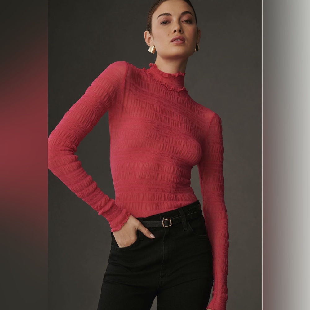 ✨ Anthropologie Smocked Mesh Turtleneck Top Sz M
